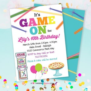 Game On Arcade Games, Pizza Birthday Party Invitation Girls Arcade Game Pizza Party Printable, Instant Download, Editable, PDF image 1