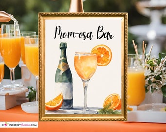 Printable Mom-osa Bar Sign, Watercolor, Baby Shower Mom-osa Station, Champagne, Brunch, Mimosa Bar Sign 8x10 Instant Download, Digital File