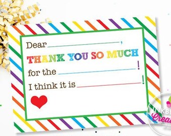 Rainbow Stripe Fill-in-the-Blank Thank You Note - INSTANT DOWNLOAD - Digital, Printable Files