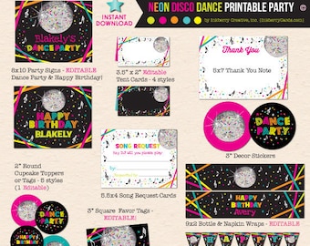 May include: A collection of neon disco-themed party printables, including signs, cupcake toppers, tent cards, stickers, and banners. The designs feature disco balls, musical notes, and vibrant colors for a birthday celebration.
