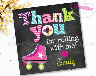 Roller Skating Birthday Party Favor Tag, Chalkboard, Roller Skate, Girls Roller Skating Thank You, Printable, Instant Download, Editable PDF