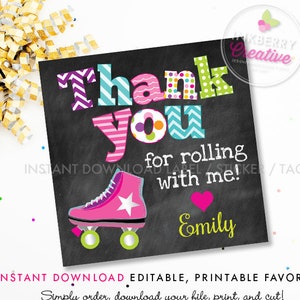 Roller Skating Birthday Party Favor Tag, Chalkboard, Roller Skate, Girls Roller Skating Thank You, Printable, Instant Download, Editable PDF