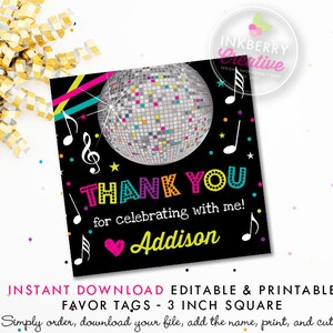 Dance Party Favor Tag - Neon, Glow, Disco Ball, Music, Dance Birthday Party Square Printable,  Instant Download, Editable PDF