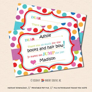 Jump, Play & Bounce Party - Polka Dot Stripe - Fill-in-the-Blank Kids Birthday Thank You Note - INSTANT DOWNLOAD - Digital, Printable Files