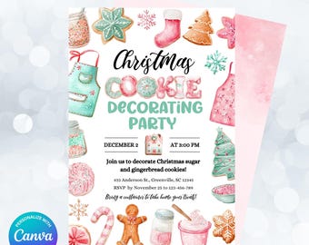 Puede incluir: Una invitación de acuarela para una fiesta de decoración de galletas navideñas. El diseño presenta galletas de jengibre, delantales y copos de nieve. La invitación incluye la fecha, la hora y el lugar del evento. El texto dice "Christmas Cookie Decorating Party".