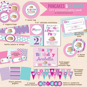 May include: A collection of printable party supplies with a pancake and pajama theme. Includes invitations, banners, stickers, labels, and more. The color scheme is pink, purple, and teal, with pancake illustrations and the text "Pancakes & Pajamas".