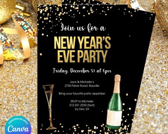 Puede incluir: Invitación de fiesta de Nochevieja en negro y dorado con el texto "Join us for a New Year's Eve Party". La invitación incluye una ilustración de botella y copa de champán. La invitación es editable en Canva.