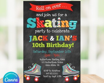 Editable Roller Skating Birthday Party Invitation - Twin Boys Roller Skate Party Invite, Chalkboard, Skating Rink Invite, Edit in Canva