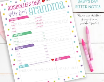 Printable Baby's Day, Babysitter Notes - Sections for Naps / Sleeping, Eating, Diapers, Mood - Care Giver, Nanny, Baby Sitter - PDF Download