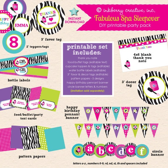 Fabulous Spa Sleepover - Hot Pink, Aqua & Zebra Birthday Party - DIY/Printable Complete Party Pack - INSTANT DOWNLOAD! Il_570xn