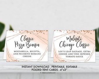 Printable, Editable, Food Buffet, Tent Cards, Place Cards, Bubbles Brews Bridal Shower, Wedding, Pink Rose Gold, Instant Download, DIY