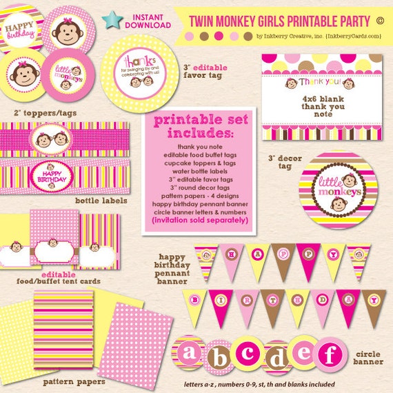 Twin Monkey Girls (Pink and Yellow) Birthday Party - DIY/Printable Complete Party Pack Il_570xn