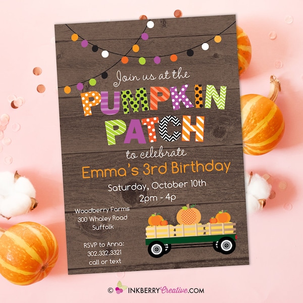 Pumpkin Patch Party Invitation - Birthday, Fall, Pumpkin Picking, Hayride, Farm, School Field Trip - Printable Instant Download Editable PDF