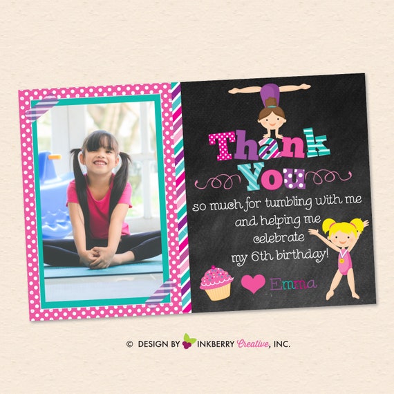 Gymnastics Birthday Party, Photo Thank You Note - Chalkboard Style Girls Gymnastics Party - Digital Printable OR Printed Cards Il_570xn