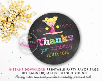 Girls Gymnastics Tumble Birthday Party Favor Tags (Blonde Hair) - Chalkboard Style - Printable 3 inch Round - Instant Download PDF File
