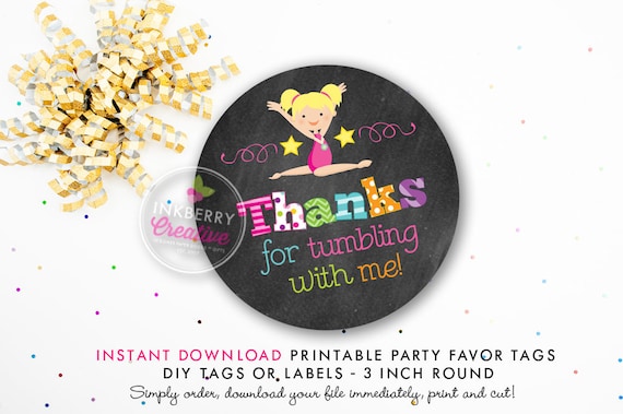 Girls Gymnastics Tumble Birthday Party Favor Tags (Blonde Hair) - Chalkboard Style - Printable 3 inch Round - Instant Download PDF File Il_570xn