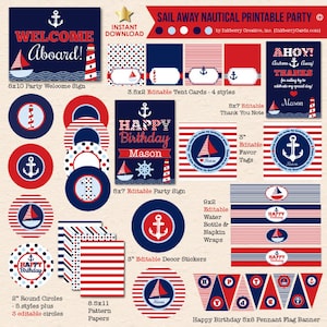 Sail Away Nautical Birthday Party - Red / Navy Blue - DIY/Printable Complete Party Pack - INSTANT DOWNLOAD!