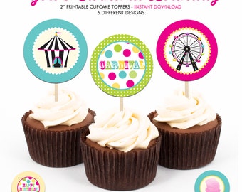 Girl's Carnival Birthday Party - Printable 2 inch round Cupcake Toppers - Instant Download PDF File
