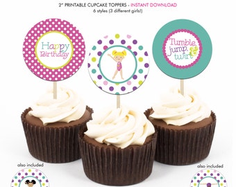 Cartwheels and Cupcakes Girls Gymnastics Birthday Party - Printable 2 inch round Cupcake Toppers - Instant Download PDF File
