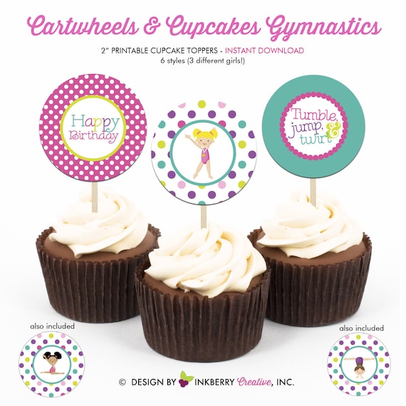 Cartwheels and Cupcakes Girls Gymnastics Birthday Party - Printable 2 inch round Cupcake Toppers - Instant Download PDF File Il_570xn