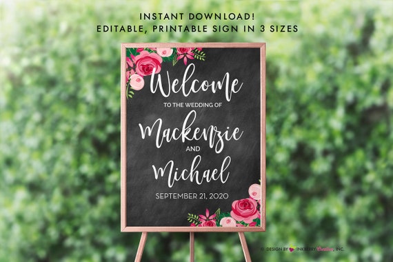 Printable Welcome Wedding Poster - 4 Sizes - Chalkboard Style, Pink Rose Floral - INSTANT DOWNLOAD - Print Yourself - Editable PDF Files Il_570xn