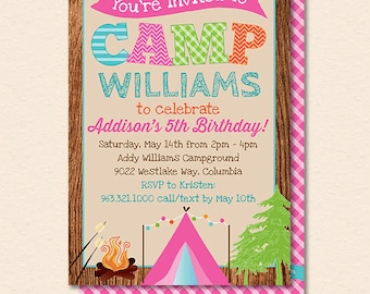 Camping Party Invitation - Girls Camping Birthday Party - Camping Party Invite - Backyard Campout - Printable Instant Download Editable PDF