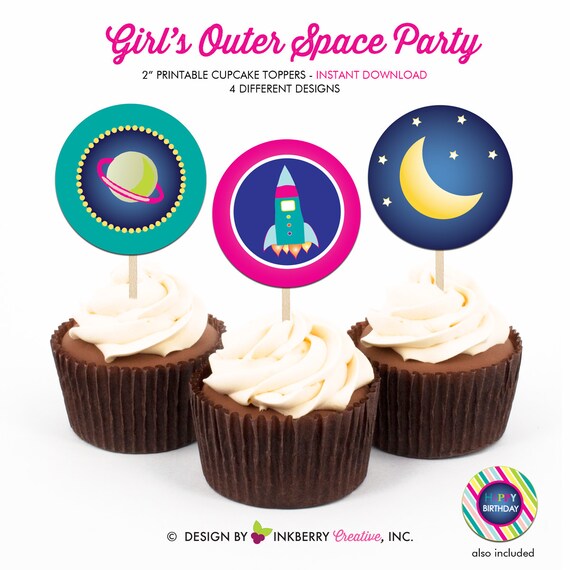 Girl's Outer Space Birthday Party - Printable 2 inch round Cupcake Toppers - Instant Download PDF File Il_570xn
