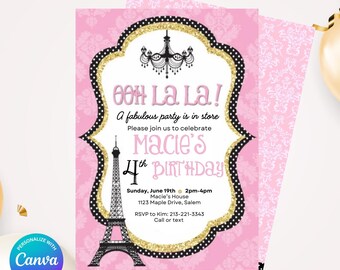 Convite para festa de aniversário Glam Paris - Rosa, Preto, Glitter Dourado, Design da Torre Eiffel - Editável no Canva