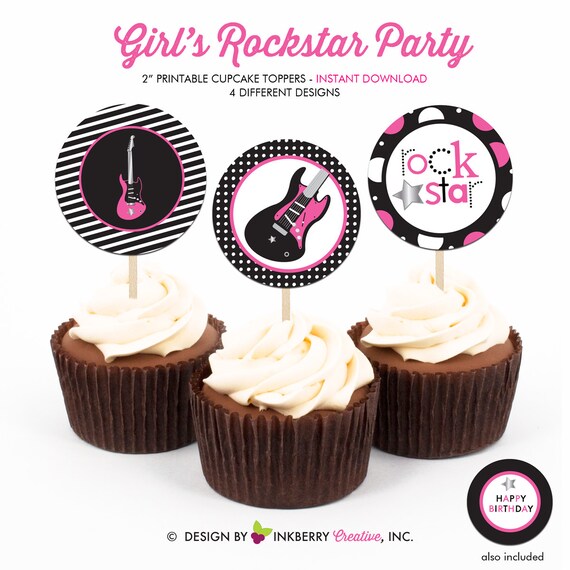Rockstar Girl (Pink) Birthday Party - Printable 2 inch round Cupcake Toppers - Instant Download PDF File Il_570xn