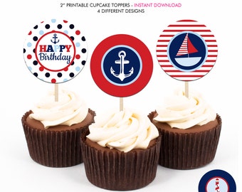 Boy's Nautical Birthday Party - Printable 2 inch round Cupcake Toppers - Instant Download PDF File