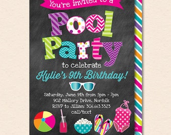 Pool Party Invitation - Summer Pool Party - Pool Birthday Party - Kids Pool Party - Chalkboard - Printable, Instant Download, Editable, PDF