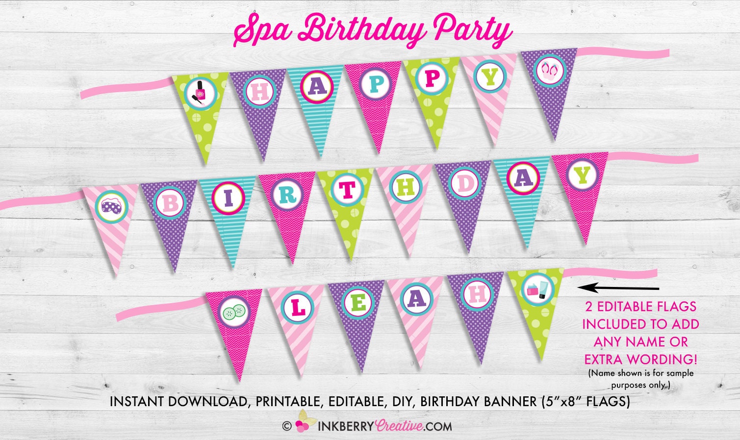 Girl's Spa Birthday Party, Printable, Editable, DIY Pennant Banner, Spa ...