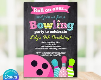 May include: A digital bowling party invitation on a black chalkboard background. The text reads Roll on over and join us for a Bowling party to celebrate Lily's 9th Birthday, with event details, a pink bowling ball, and three colorful pins.