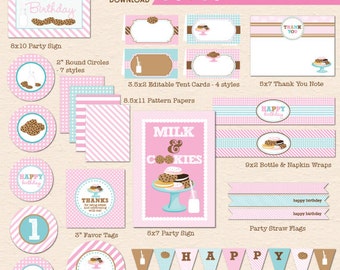 Milk & Cookies Birthday Party (PINK) - Printable Party Set - Instant Download - Invitation Included - Edit with Adobe Reader