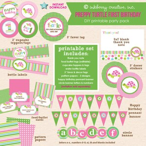 May include: A DIY printable party pack with a preppy turtle theme, featuring pink, green, and white designs. Includes cupcake toppers, bottle labels, and a pennant banner. Ideal for a first birthday celebration, with various party decorations.