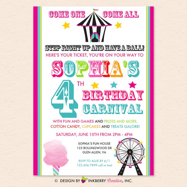 Kids Carnival Birthday Party Invitation (Digital, Printable, Editable PDF File, Adobe Reader) Pink, Aqua, Girls, School, Carnival, Invite