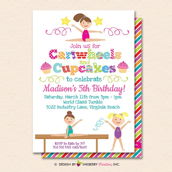 Gymnastics Invitation - Gymnastics Invite - Cartwheels Cupcakes - Girls Gymnastics Birthday - Printable Instant Download Editable PDF Il_570xn