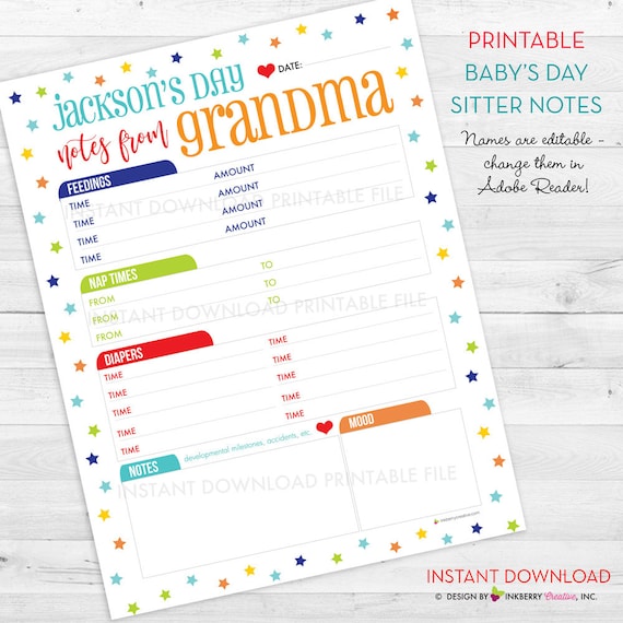 Printable Baby's Day, Babysitter Notes - Naps / Sleeping, Eating, Diapers, Mood - Baby Boy - Care Giver, Nanny, Baby Sitter - PDF Download Il_570xn