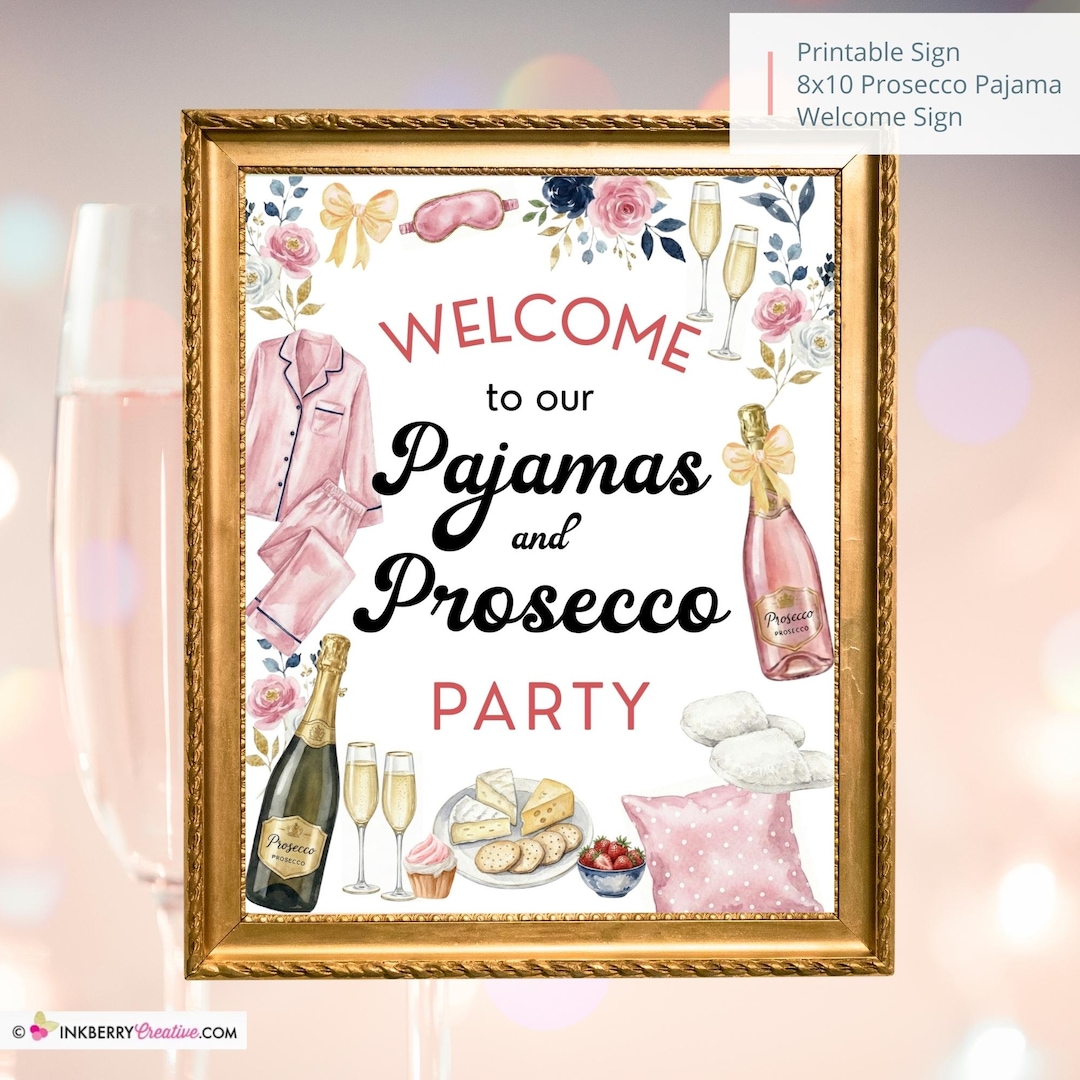 Pink and Gold Pajamas & Prosecco Party Welcome Sign | Editable Canva ...