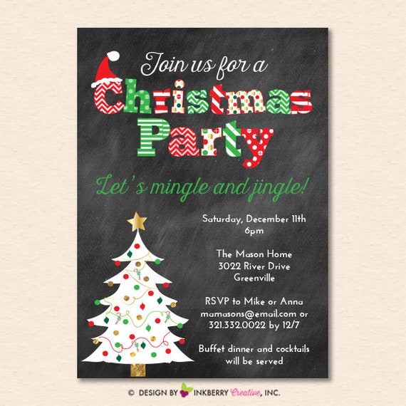 Christmas Party Invitation - Chalkboard, Christmas Tree, Mingle Jingle, Holiday Party (Digital, Printable File OR Printed Cardstock Cards) Il_570xn