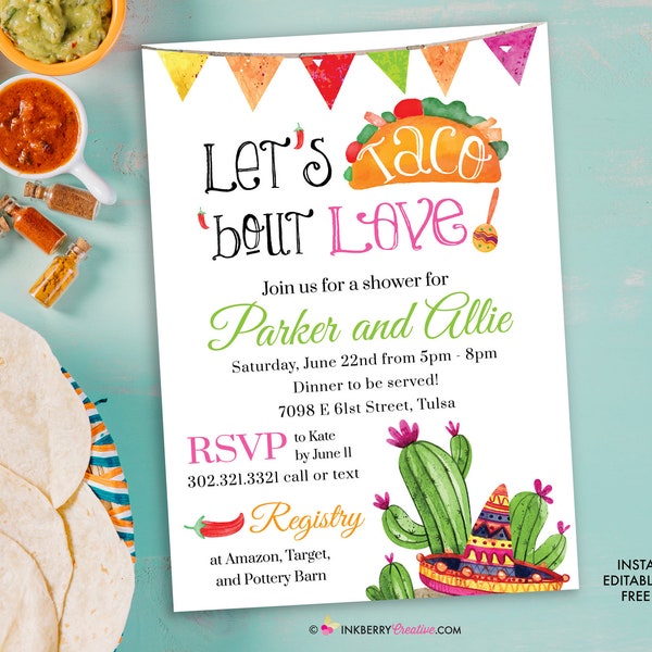 Taco Bout Love Bridal Shower Invitation - Taco, Cactus, Sombrero, Fiesta, Couples, Coed Shower - Digital, Editable, Printable PDF File