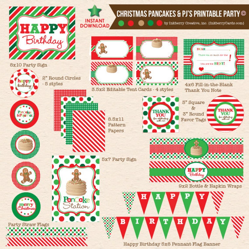 INSTANT DOWNLOAD Christmas Birthday Pancakes & Pajamas Party Complete Printable Party Pack image 1