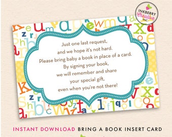 Alphabet Baby Shower Bring A Book Insert Card - ABC, Alphabet Baby Shower Printable PDF, Instant Download, Bring a Book Instead of a Card