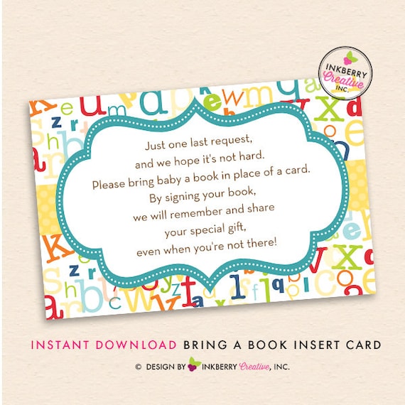 Alphabet Baby Shower Bring A Book Insert Card - ABC, Alphabet Baby Shower Printable PDF, Instant Download, Bring a Book Instead of a Card Il_570xn
