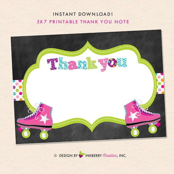 Roller Skating Birthday Party Thank You Note - Pink Roller Skate Party Thank You Note - INSTANT DOWNLOAD - Digital, Printable Files Il_570xn