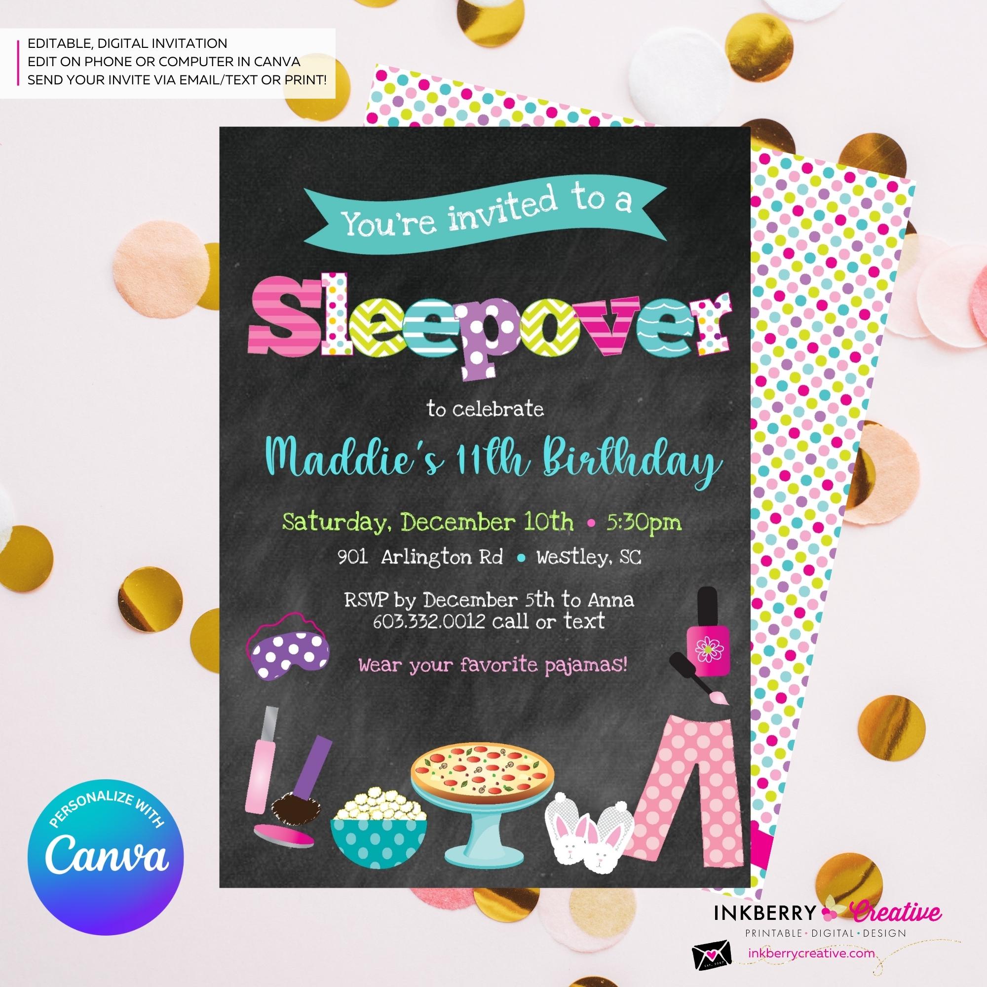 Invitación para fiesta de pijamas (estilo pizarra): fiesta de pijamas de  cumpleaños para niñas. Imprimible, descarga instantánea y edita en Canva. -  Etsy México, image size:2000x2000