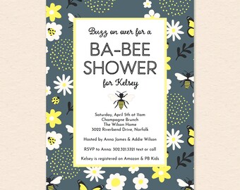 Bee Baby Shower Invitation - Gray, Yellow, Black, Bumble Bee Theme Baby Shower Invite, Instant Download, Digital, Editable, Printable, PDF