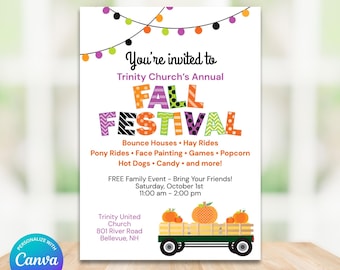 May include: A digital invitation for Trinity Church's Annual Fall Festival featuring colorful string lights, text in orange, purple, and green, and a graphic of a green wagon filled with orange pumpkins. Includes event details and date.