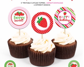 Sweet Strawberry Birthday Party - Printable 2 inch round Cupcake Toppers - Instant Download PDF File