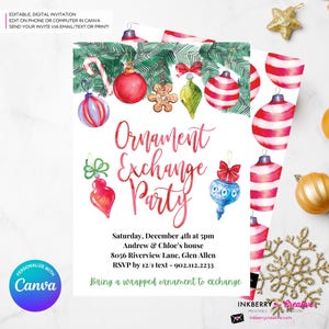 Invito alla festa di Natale con scambio di ornamenti - Invito alla festa di Natale con scambio di ornamenti, festa di Natale - Personalizza e modifica in Canva
